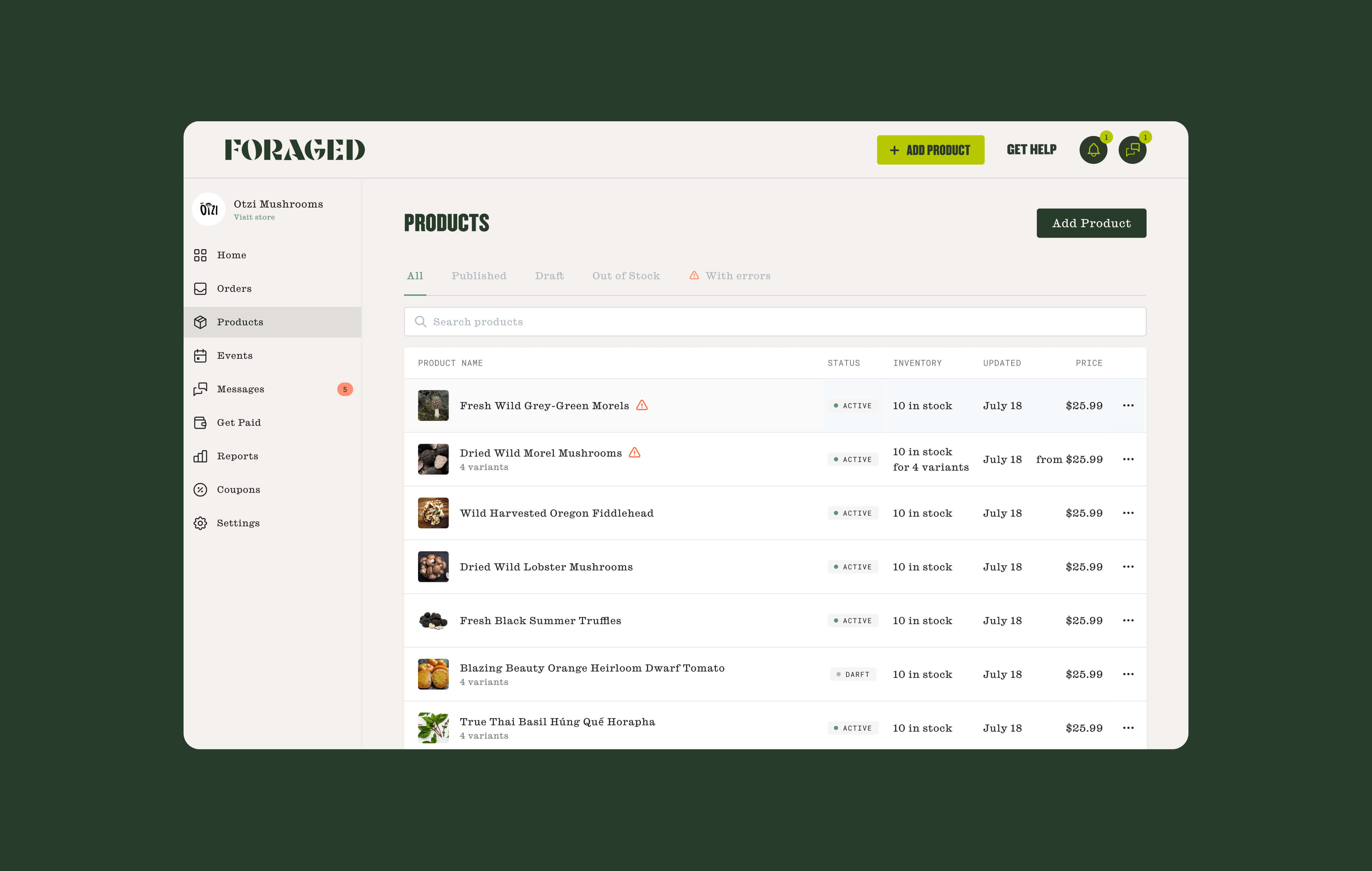 Foraged vendor products dashboard