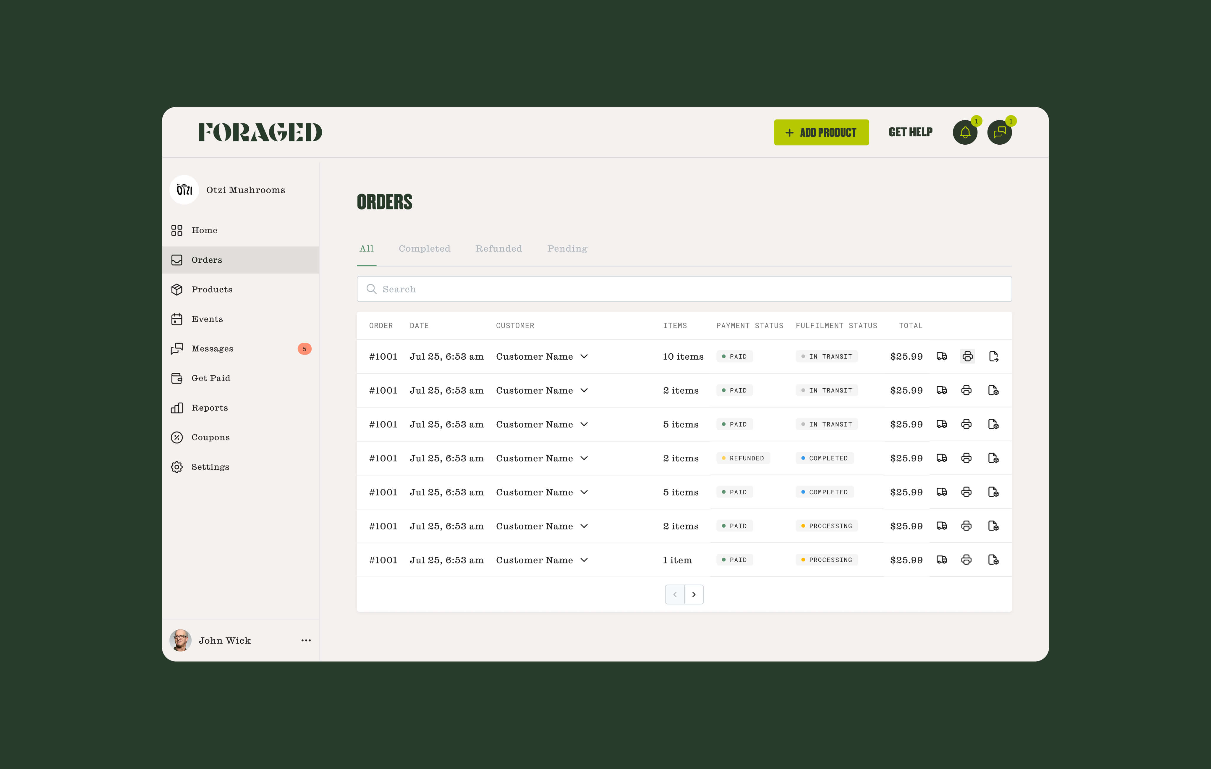 Foraged vendor orders dashboard